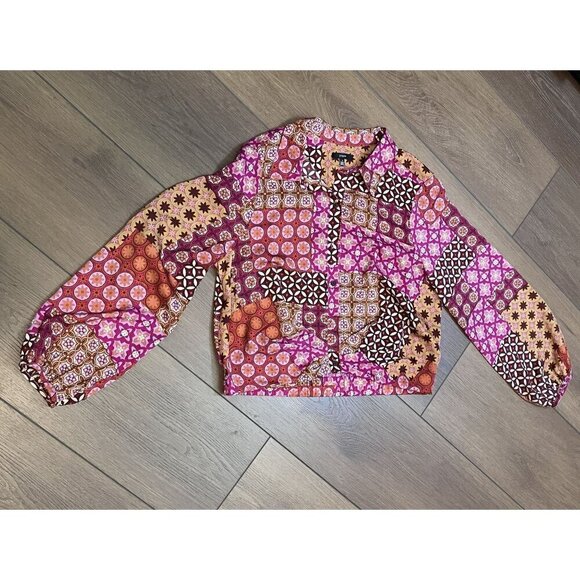 DREW Anthropologie Floral Faux Patchwork Puff Sleeve Button-down Shirt Blouse L - Picture 2 of 6